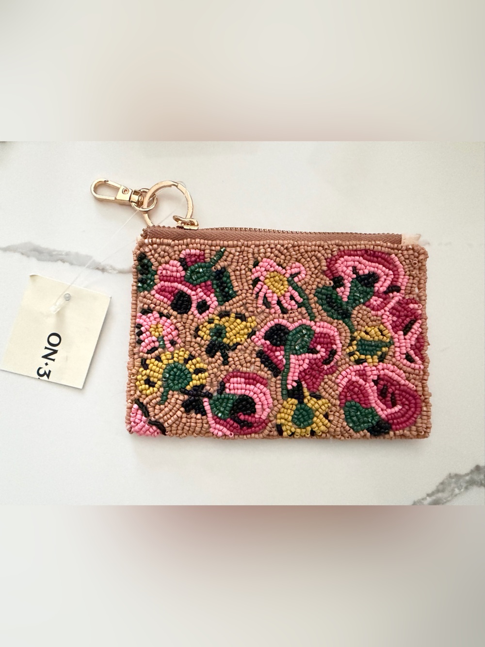 NWT On 34th Hand Beaded Floral Zip Pouch with Keychain